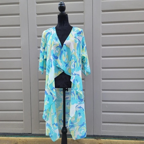 LulaRoe Women's Aqua Blue Yellow Floral Sheer Open Front Kimono Size Small - Picture 3 of 11